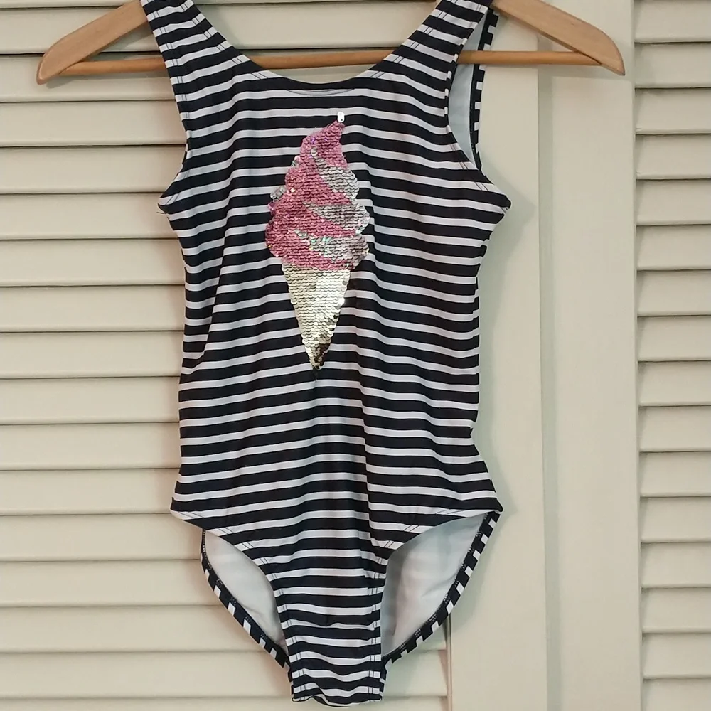 Kids Gap Nautical‎ Stripe One Piece Swimsuit, Sequin Ice Cream Cone, Size Large